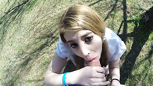 Palatable sweetie with cute pigtails Rena Reindeer gives head on the lawn
