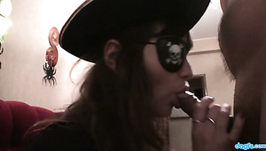 Sexy pirate Julia sucking massive cock deepthroat in POV clip