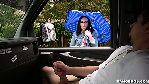 Sweet and nerdy brunette girl in the bang bus eats big dick and rides it
