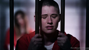 Two skinny white female convicts in the jail cell pleasure each other