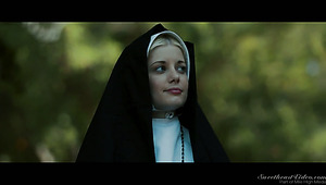 Sinful red haired nun Penny Pax is so into licking wet pussy outdoors