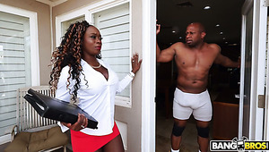 Fabulous chocolate nympho Vickie Starxxx gives a good BJ before getting cooch fucked