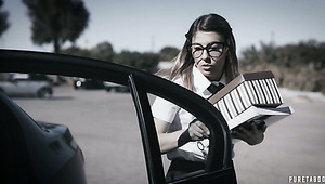 Naughty nerdy coed chick gets brutally fucked from behind after BJ