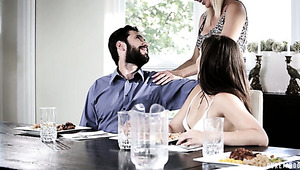 Bearded BF of horny MILF lures stepdaughter to finger her juicy pussy