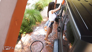 Sexy car washer Ashly Anderson gets her bald pussy nailed doggy style
