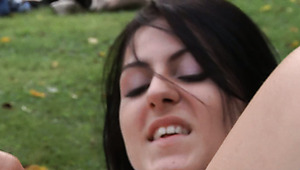 Skanky brunette teen gets her hootchie nailed hard doggy style outdoors