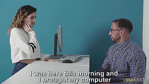 Curly girl Penelope Cu needs some help from nerdy man and gets nailed