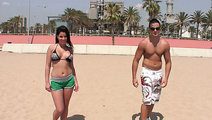 Salacious brunette with tanned skin and fake boobs gives best blowjob ever