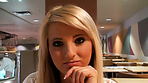 Adorable blondie with cute smile Bella meets a horny guy in the cafe