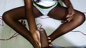 Ebony slut jerks off the cock before missionary pose fuck - POV