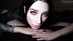 Gorgeous Goth GF squirts from aggressive fingering and eats cum