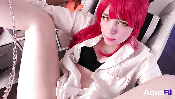 Makima's puppy fucks her tight pussy on a chair in the office