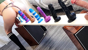Sexy Plump-assed Babe Rides Different Dildos Put In a Row To Choose the Best One