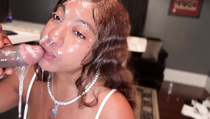 Curvy Ebony MILF Gives Her BBC Partner a Super-sloppy Deepthroat Blowjob & Gets a Huge Facial