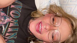 Nerdy blonde chick loses her mind as her needy pussy gets cock and cum